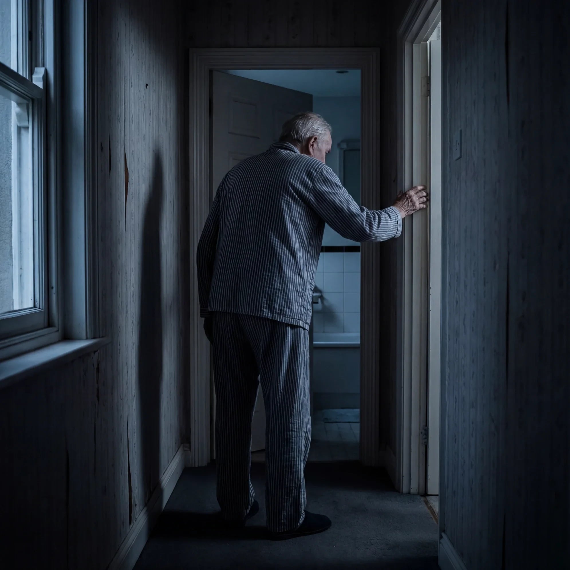 Oudere man in pyjama in de badkamer