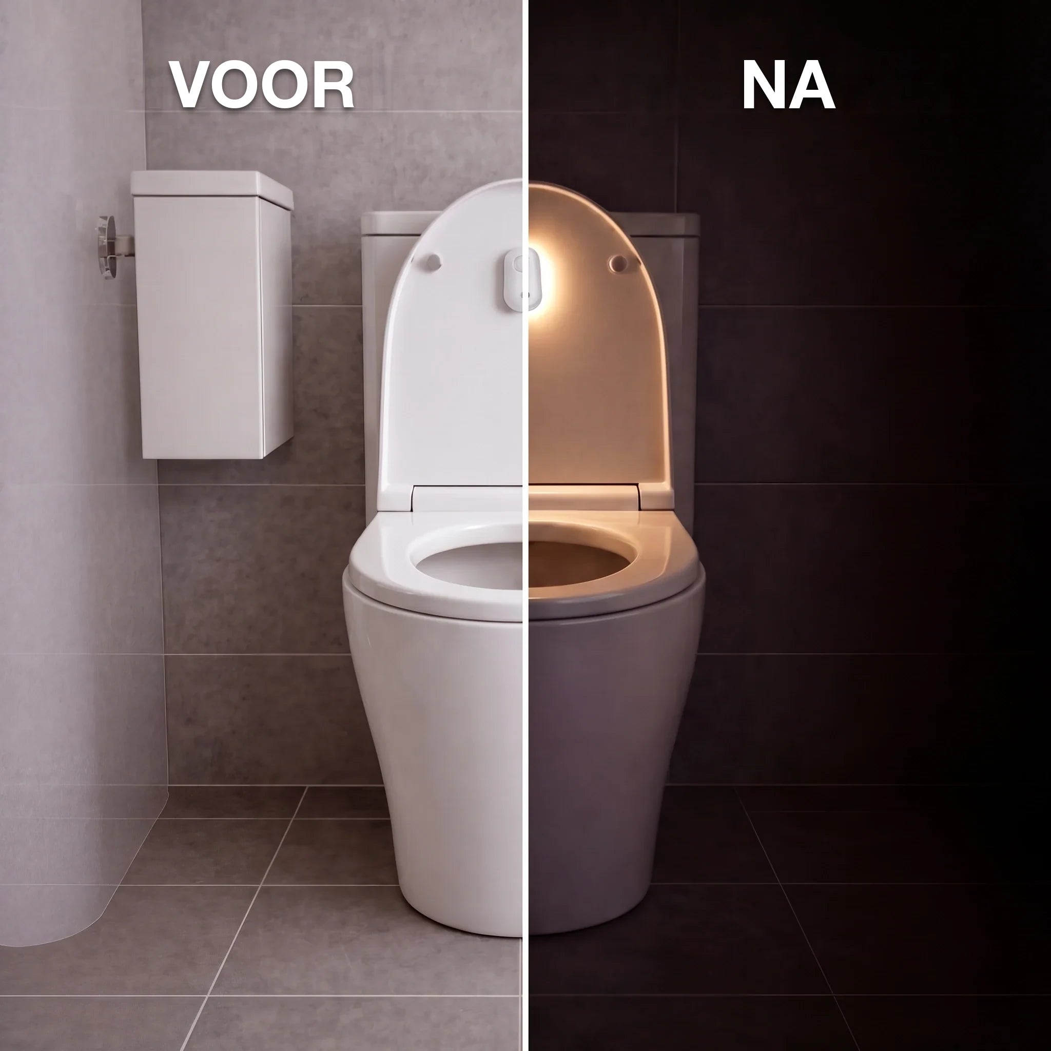 Toilet voor en na met uv-nachtlampje